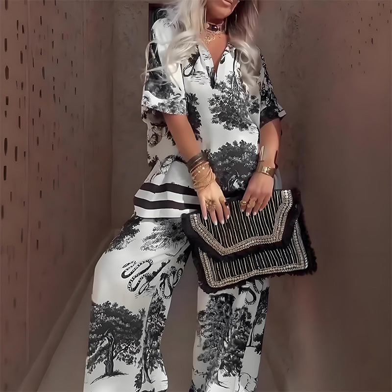Linette™ Printed V-Neck Top & Long Pants